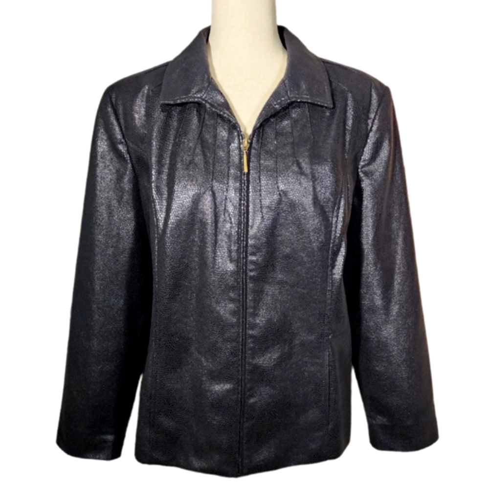 Kim Rogers Faux Snakeskin Full Zip Jacket Black Asphalt Hidden Pockets 16